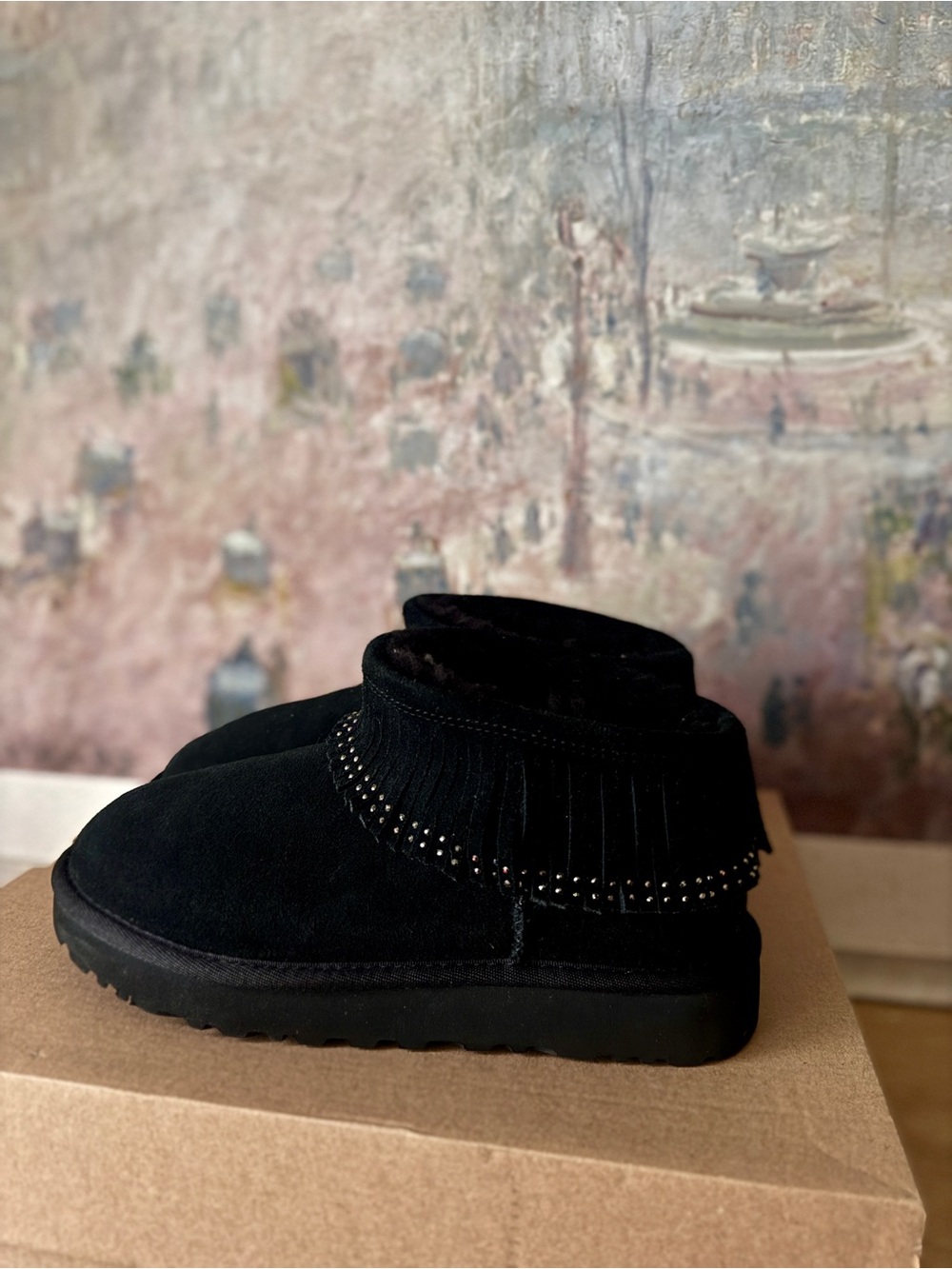 NIB UGG Classic Ultra Mini Fringe Bling Black Suede Sheepskin Boot - Size 6